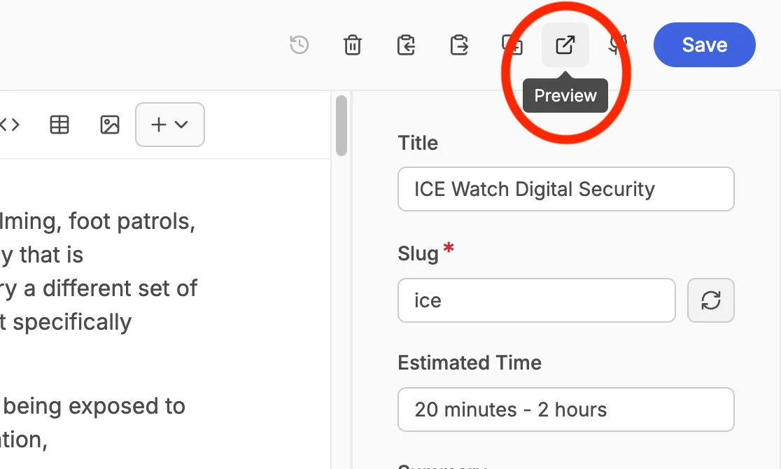 Preview button in the visual editor